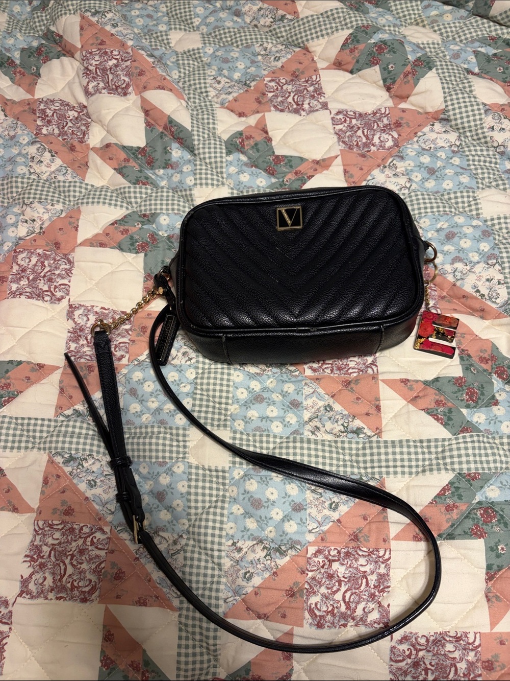 Victoria's Secret Black Quilted Camera Bag with Gold Accent